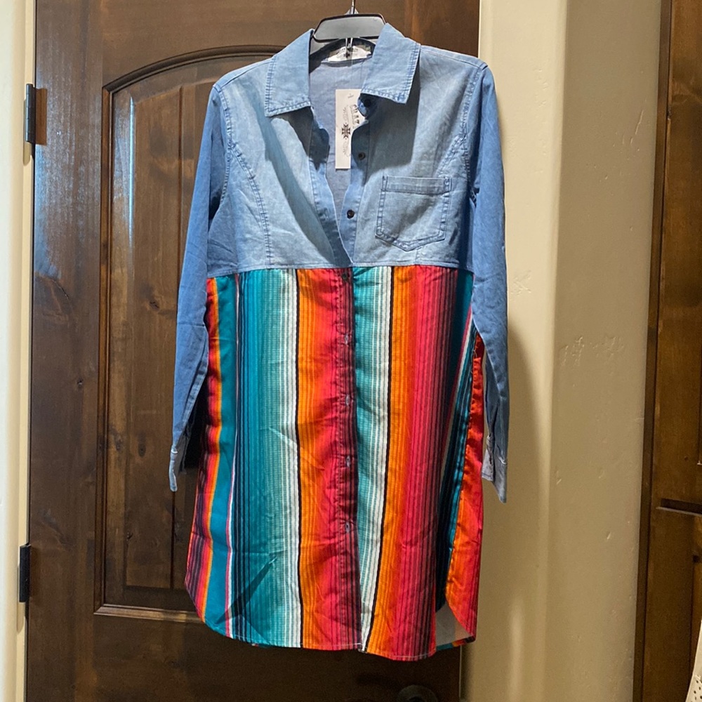 Crazy Train Dress, Cardigan or Duster.  Serape and denim!!